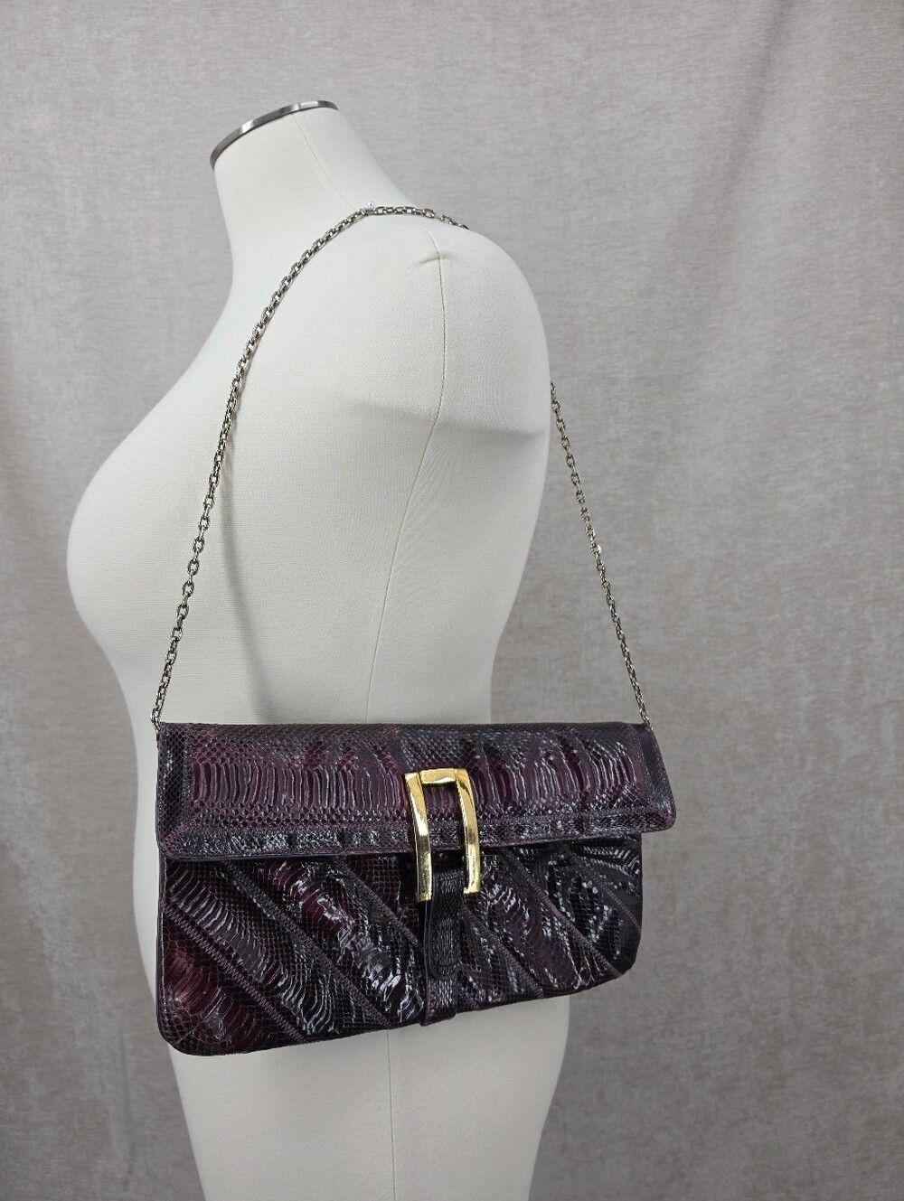 Vintage 70s Purple Wine Genuine Snakeskin Leather Oversized Envelope Clutch